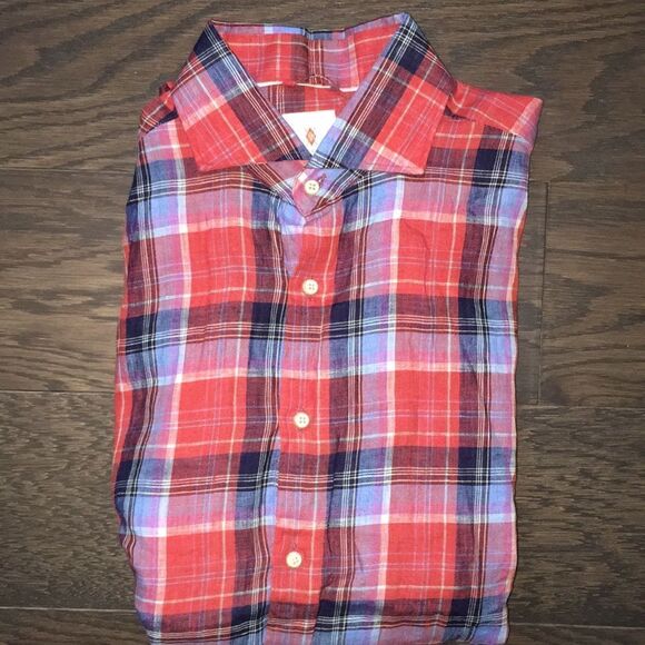 Red & Blue Martin Dingman Tartan Plaid Check 100% Linen LS Button down Shirt XL - Picture 1 of 7